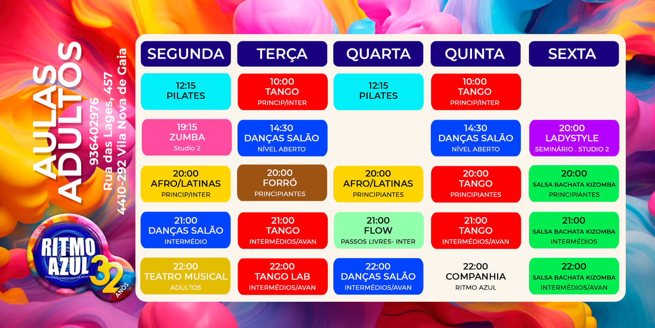 Horarios das aulas de dança - adultos - da escola de dança Ritmo Azul